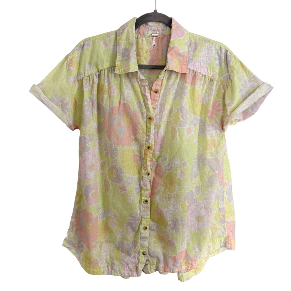 Free People‎ Floral Button Down Shirt Lime Green Peach XS Spring Beach Vacation